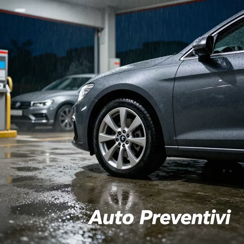 Auto scura su forecourt bagnato, cerchio lucido e vapore dopo la pioggia