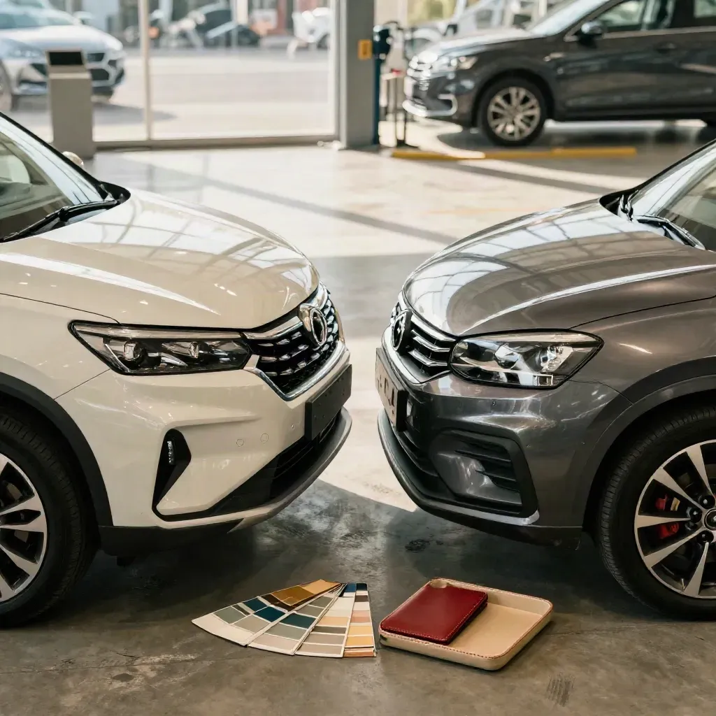 Due auto a confronto in concessionaria: crossover nuova e hatchback usata con campioni materiali.