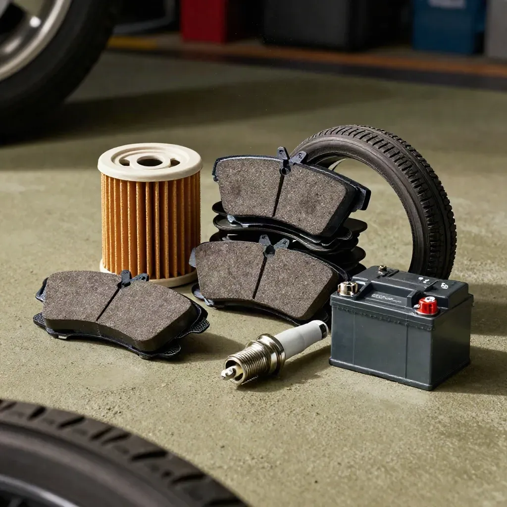 Componenti di manutenzione auto su cemento opaco, in luce cinematografica, con polvere d'officina.