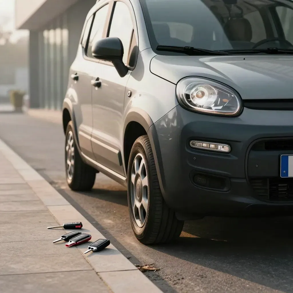 Fiat Panda in corsia di consegna con tre portachiavi chiusi e pneumatici lucidi.