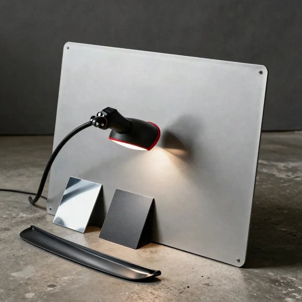 Lampada di controllo che illumina un pannello carrozzeria mascherato con campioni di finitura.