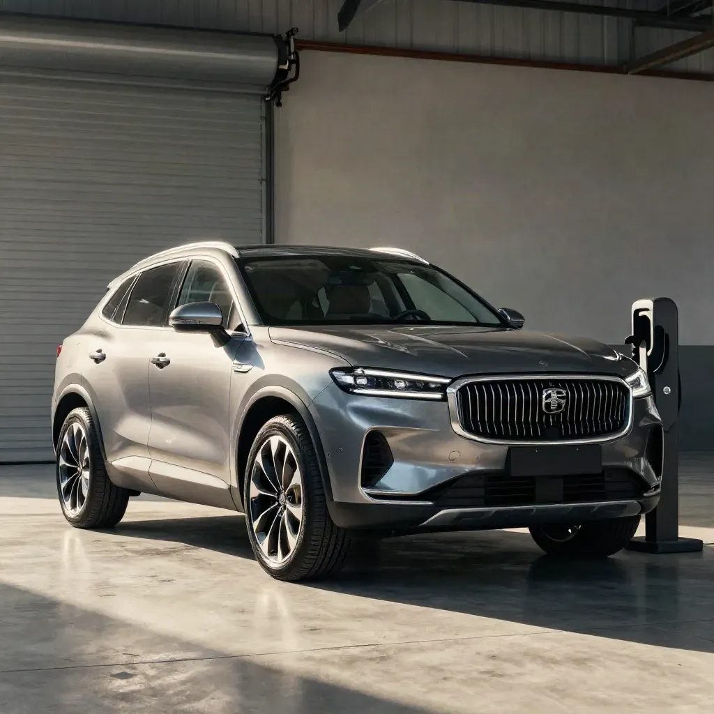 SUV aziendale in bay industriale con colonnina di ricarica e fumi leggeri