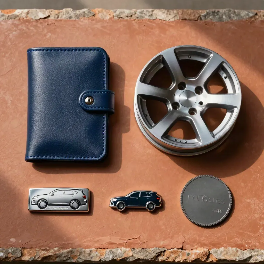Vista dall’alto di un portachiavi leasing, cerchio SUV e gettone metallico su pietra terracotta.