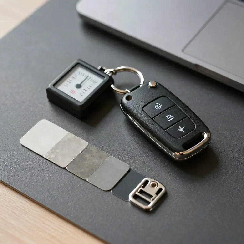 Chiave auto, modulo chilometrico, card colori e clip paraurti su tavolo scuro.