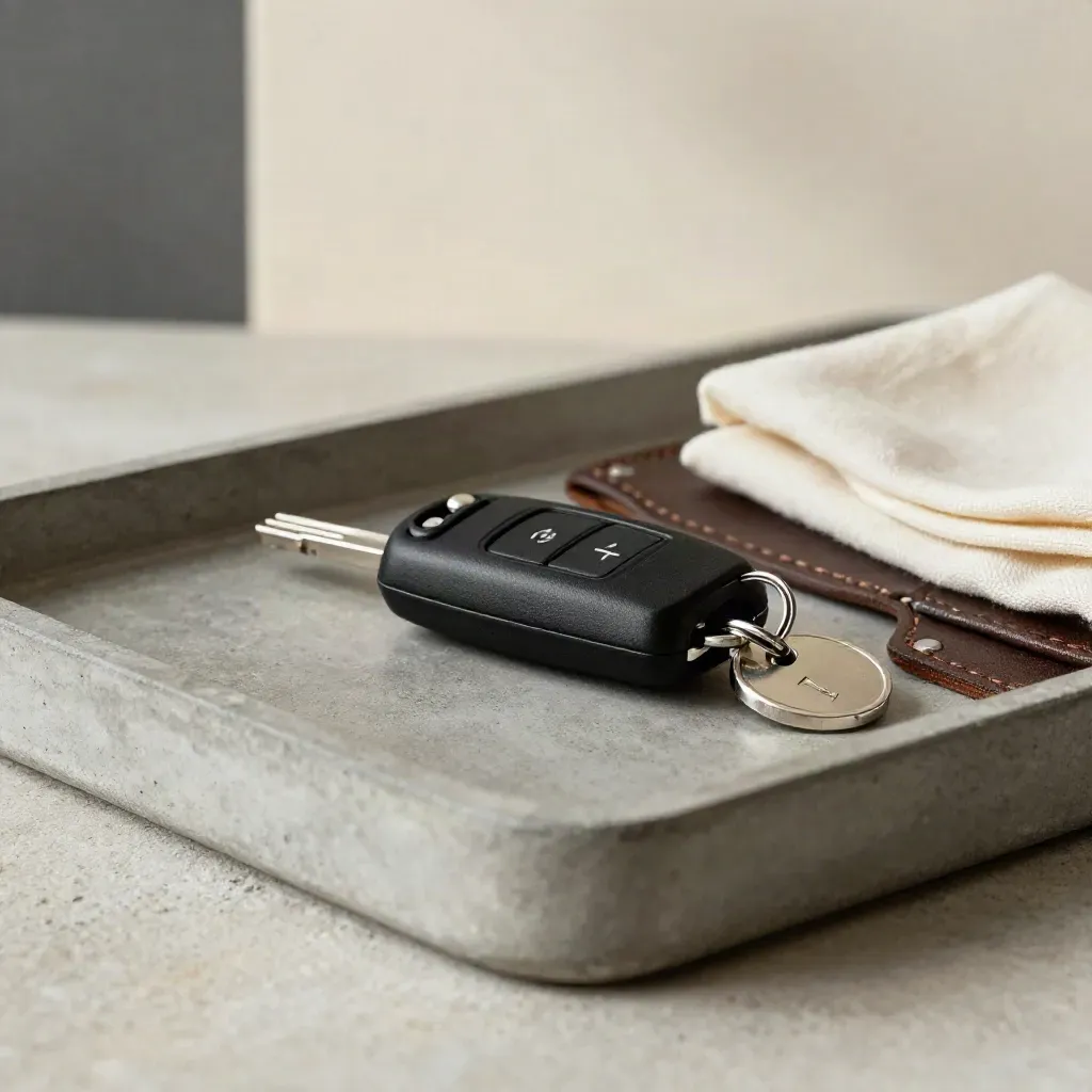 Telecomando auto nero su vassoio in pelle con gettone lucido e panno chiaro.