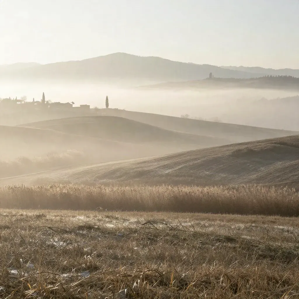 Nebbia mattutina sul Piemonte con Alpi lontane e arcate torinesi appena accennate.