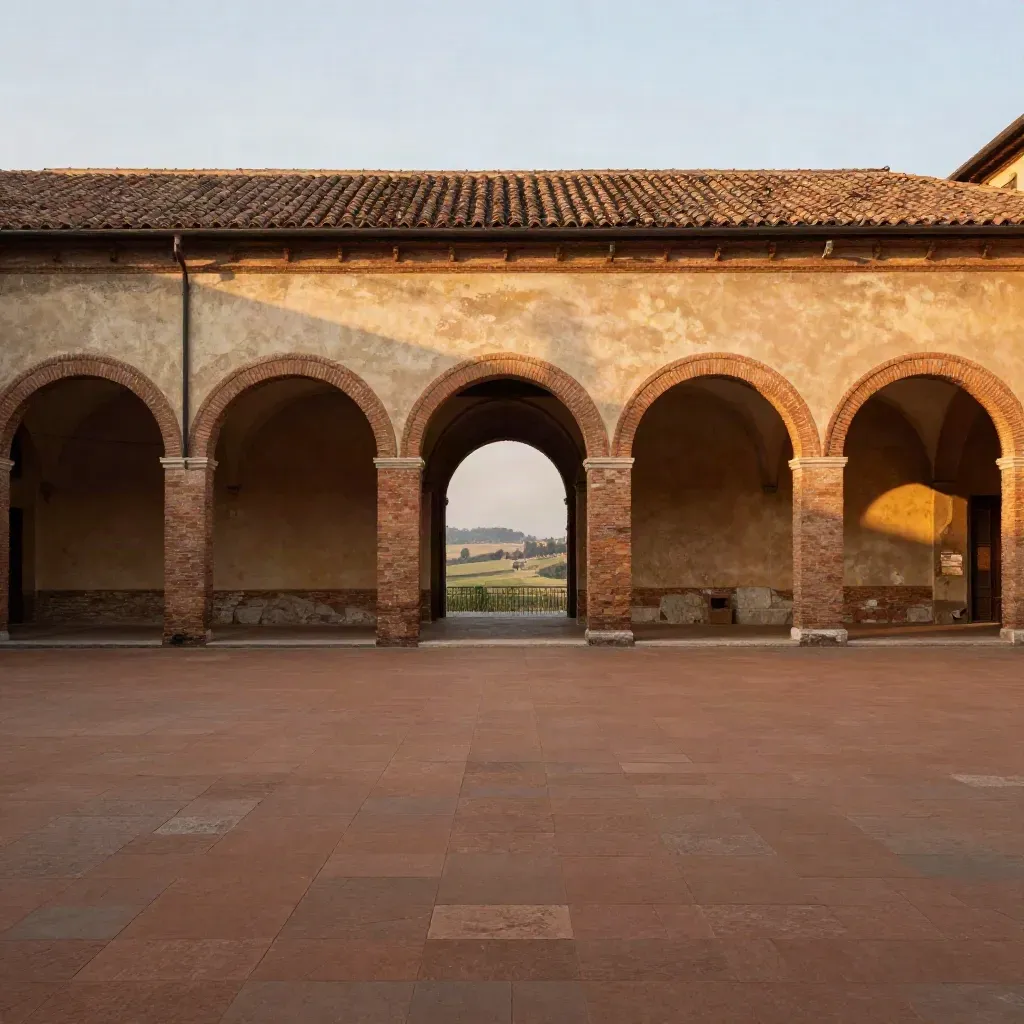 Arcate di Bologna al tramonto con campi lontani e pavimento in terracotta